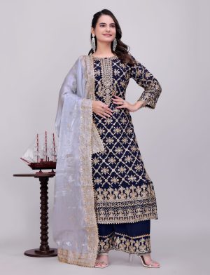 Blue Heavy Embroidered Palazzo Suit