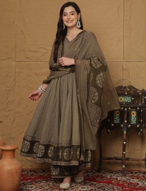 Brown Cotton Anarkali Kurti Set