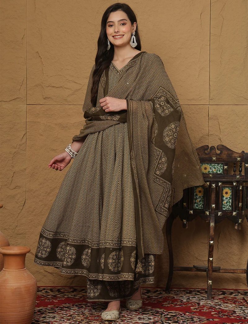 Brown Cotton Anarkali Kurti Set