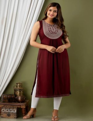 Wine Embroidered Straight Kurti