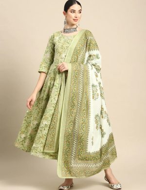 Green Floral Printed Anarkali Set