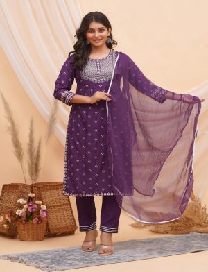 Purple Silver Embroidered Kurti Set